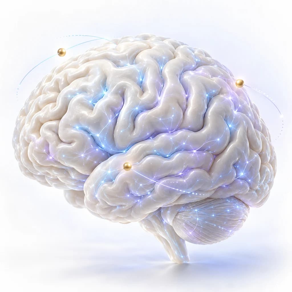 An anatomical brain illustration with subtle neural pathways and golden tracking targets